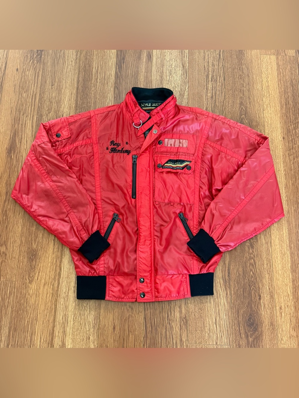 Vintage Style Auto Carrera Design Mens Medium Red Jacket Zip Up